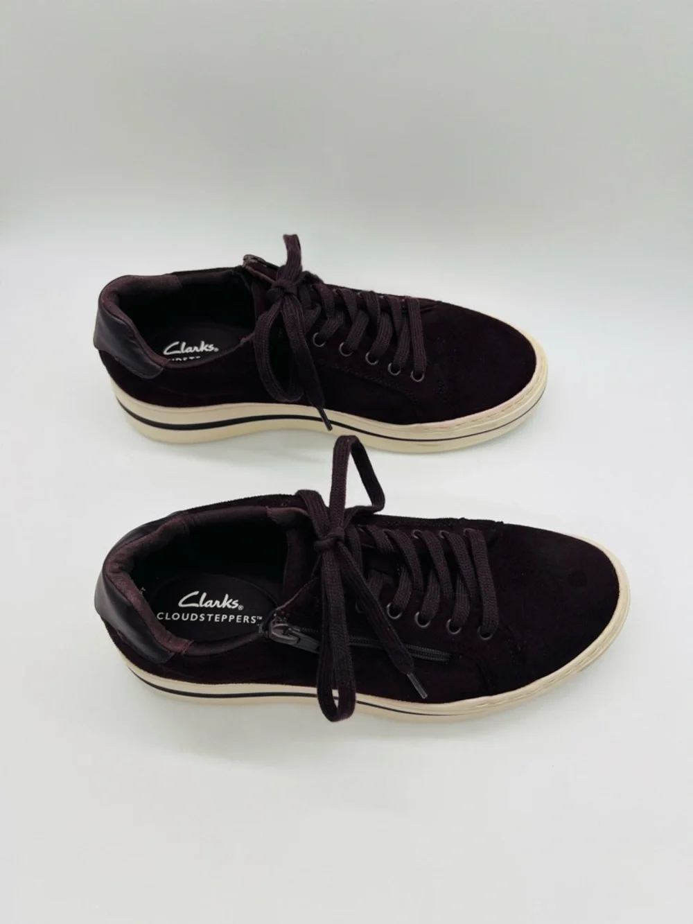 Cloudsteppers by Clarks Women’s Plum Suede Platform Sneakers with Cream Trim